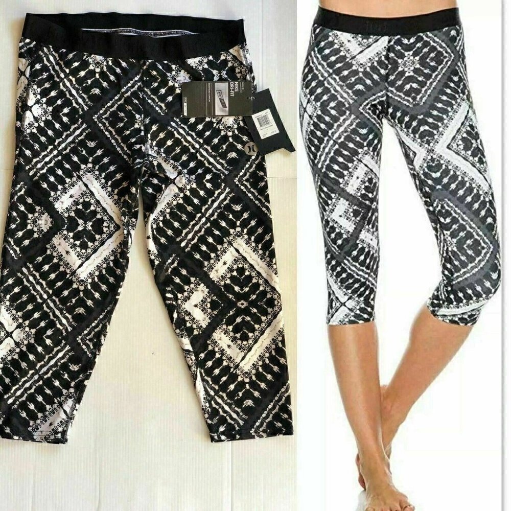 Hurley Women's Nike Dri-Fit Crop Black Grey Print Below The Knee Legging